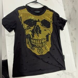 Philipp Plein Black Tee with Gold Skull Design men